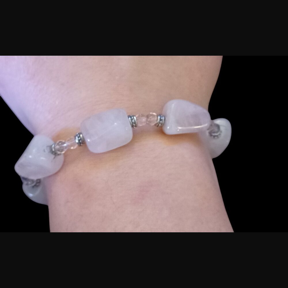 Rose Quartz Silver Tone Pink Crystal Chunky Size 6.5" Statement Bracelet